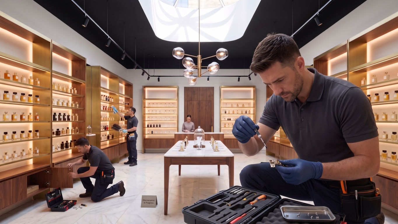 Técnico dando mantenimiento a mobiliario de una boutique