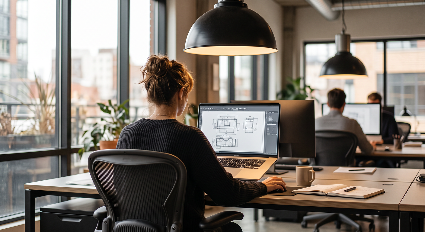 Diseñadora trabajando en planos de mobiliario comercial