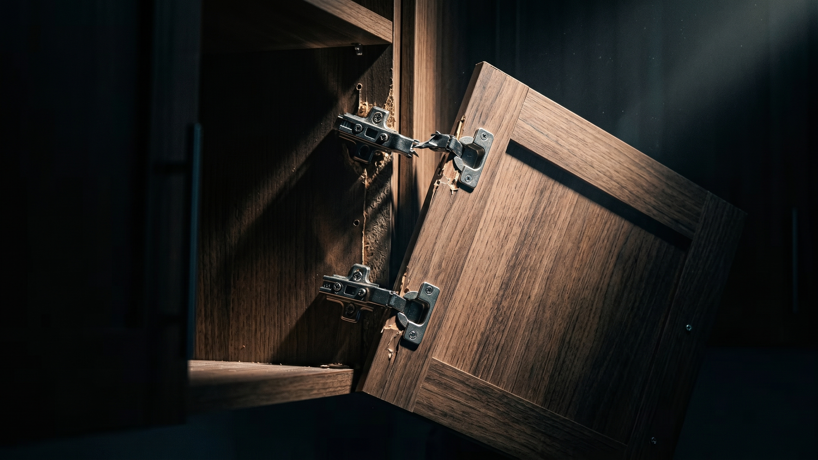 Bisagra dañada en un mueble de madera
